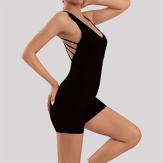Wholesale Women's Open-Back Athletic Bodysuit – Cloud-Feel Double-Sided Quick-Dry Shorts Jumpsuit