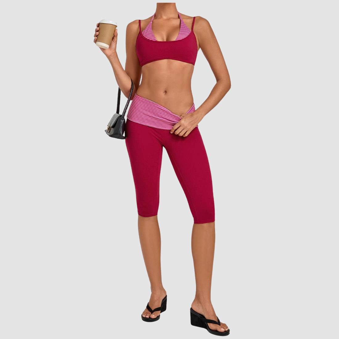 Wholesale Women's Faux-layered Bra Bra+Fold-over Waistband Shorts 2-Piece Set