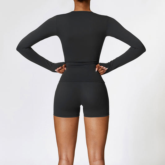 Top de yoga de manga larga cepillada + Shorts de cintura alta de 2 piezas