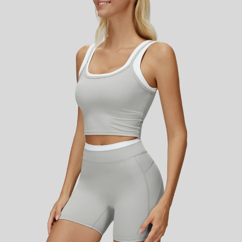 Two-piece contrasting sports tank top+sports shorts 2-piece set