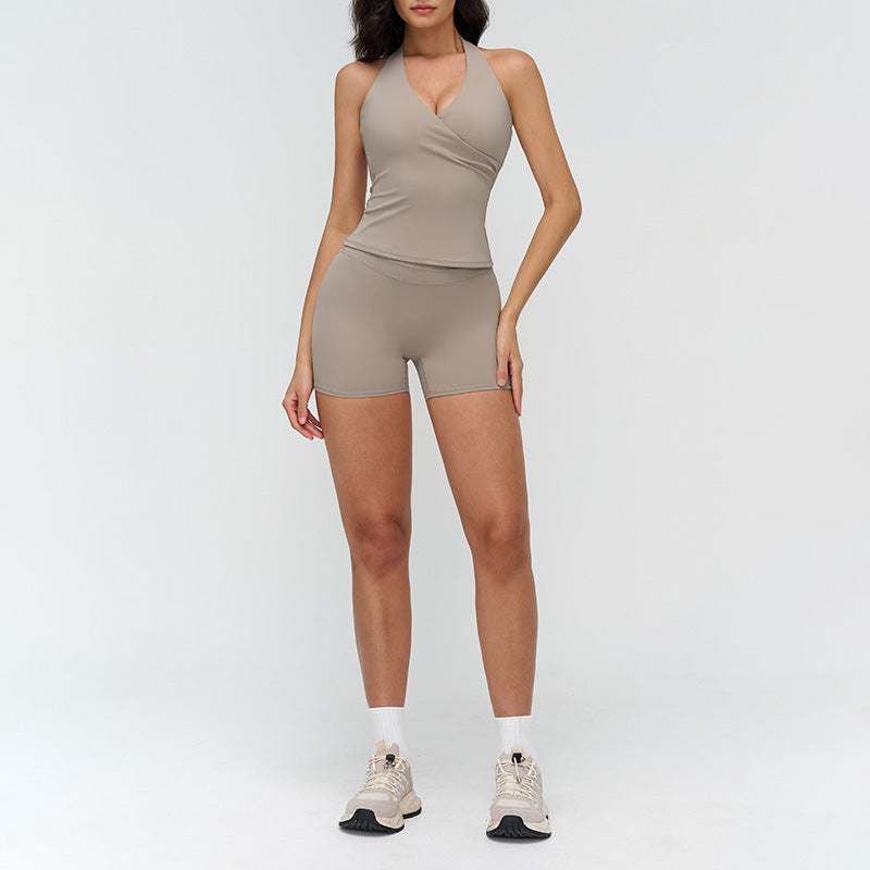 Halter neck backless tank top + high-waisted shorts 2-piece set