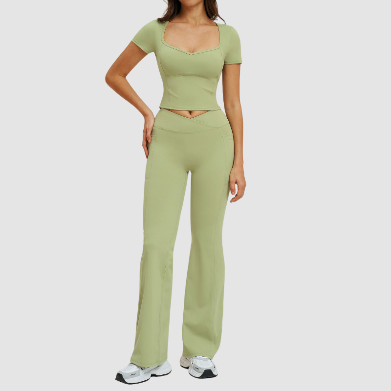 Wholesale square-neck crop top + high-waisted flared pants