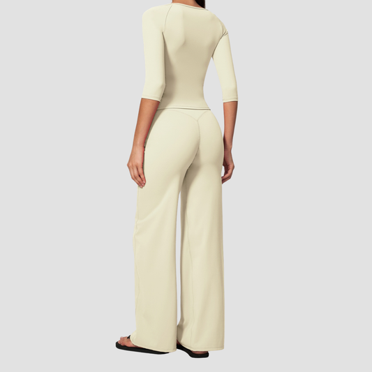 Wholesale Women's Round neck mid sleeve top+Hip lift Wide-Leg Yoga Set