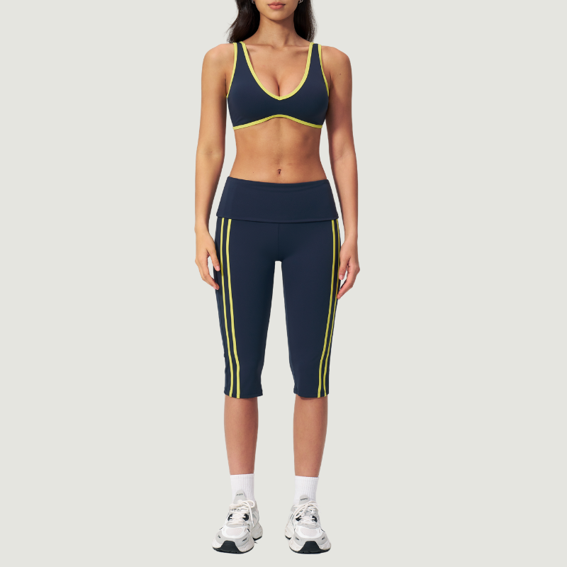 Wholesale color-blocked V-neck sports bra & striped cropped pants set