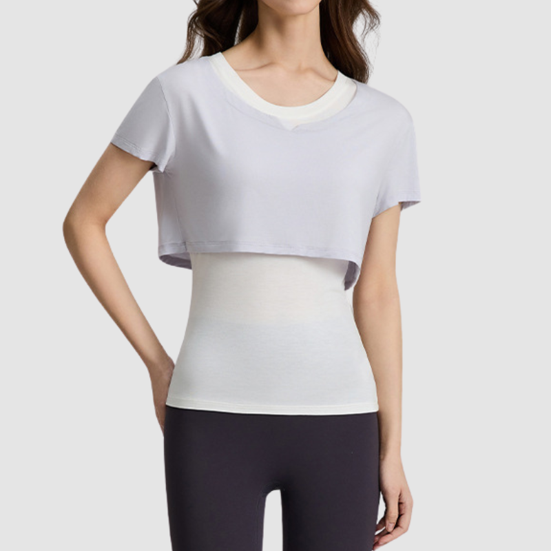 Wholesale Women's Color-Block Faux Two-Piece Yoga Short-Sleeve Top