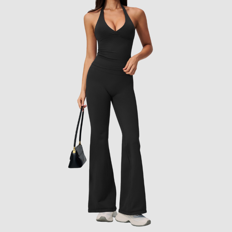 Wholesale Women's V-Neck Halter Sports Bra & Flare Pants Set – Seamless Ribbed Yoga Activewear