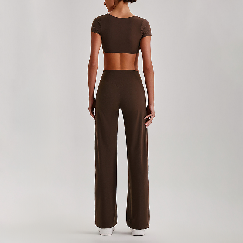 Wholesale Women's Short Sleeve Exposed Back Bra+Naked Feel Straight Leg Pants Yoga Set