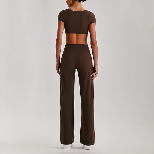 Wholesale Women's Short Sleeve Exposed Back Bra+Naked Feel Straight Leg Pants Yoga Set