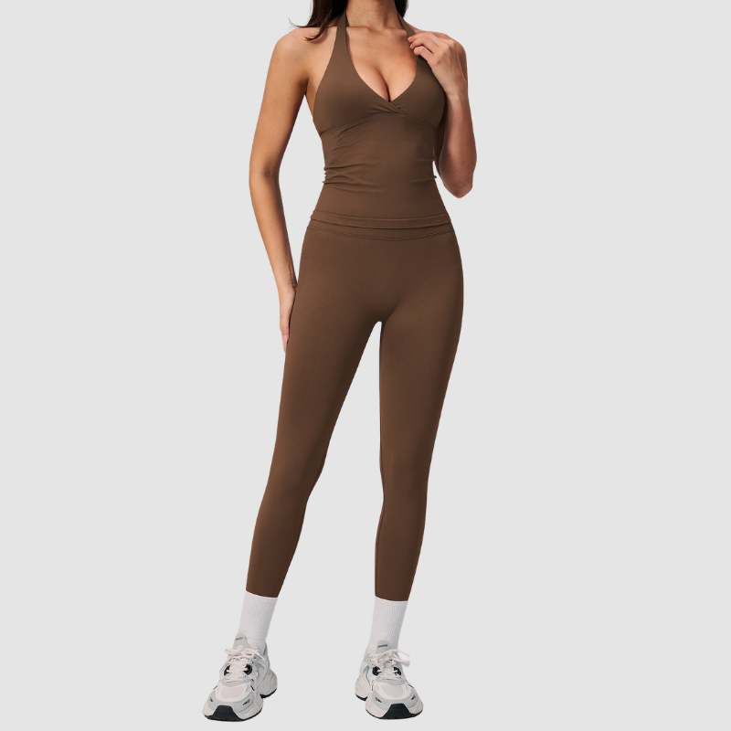 Wholesale Women's Halter Sports Bra & Full-Length Leggings Set – Seamless Peach-Lift Yoga Activewear