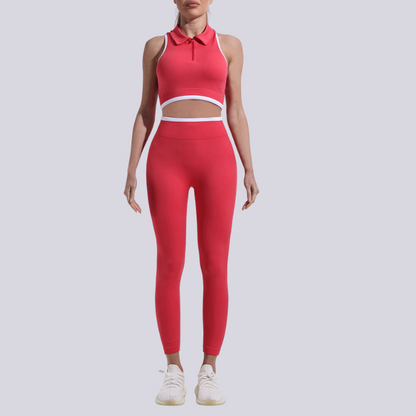 A seamless round neck sleeveless zip bra and sports pants two-piece set