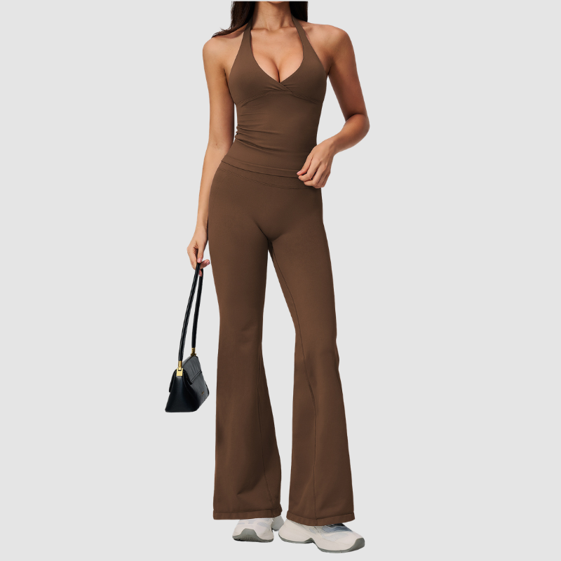 Wholesale Women's V-Neck Halter Sports Bra & Flare Pants Set – Seamless Ribbed Yoga Activewear