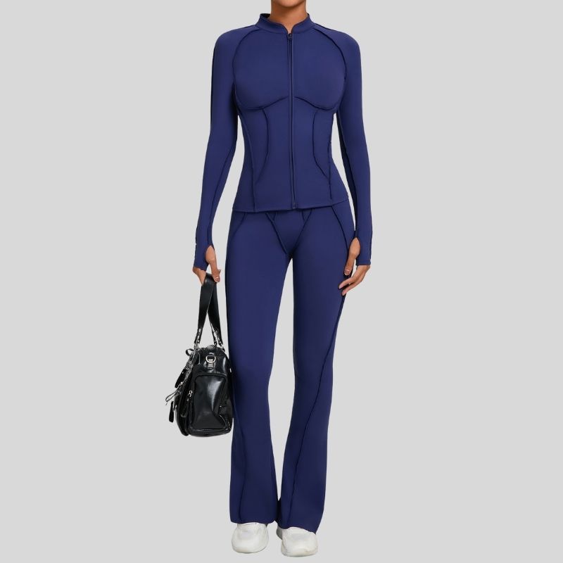 Thumb-buckle zipper jacket + slightly flared pants+2-piece set