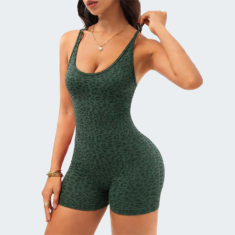 Wholesale Women's Seamless Leopard Print Yoga Bodysuit – Spaghetti Strap Open-Back Athletic Shorts Jumpsuit