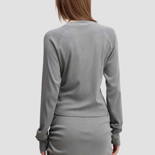 Wholesale Women’s Asymmetric Neck Streetwear Top & Shoulder Wrap – Washed Long Sleeve