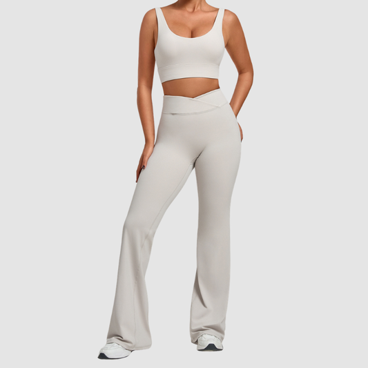 Wholesale Women's Naked-Feel Sports Bra + Flare Pants Set – Moisture-Wicking Yoga Fitness Activewear