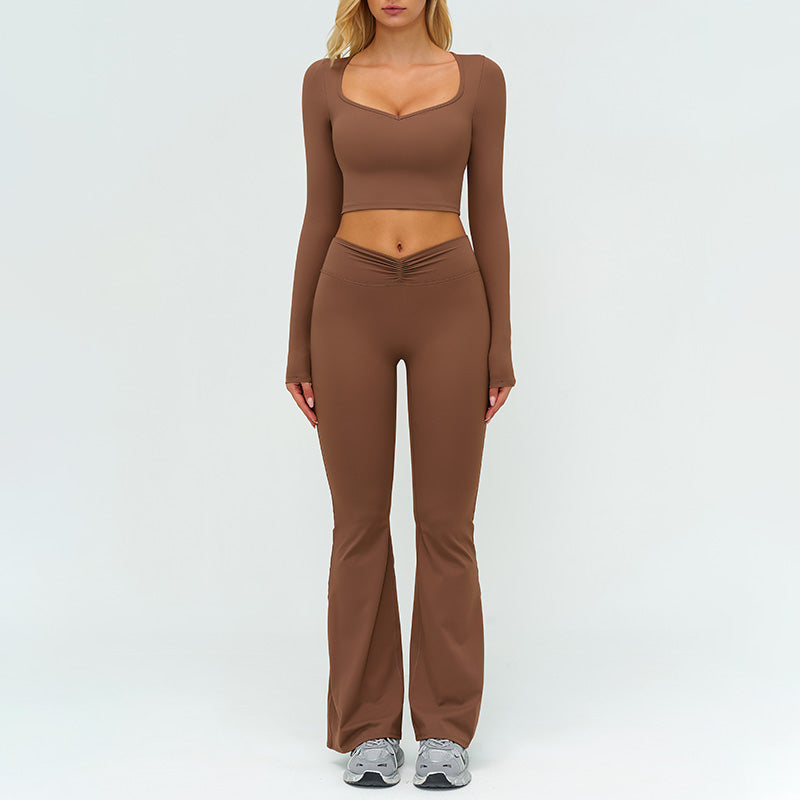 Slim-fitting long-sleeved top + High-waisted flared pants 2-piece set