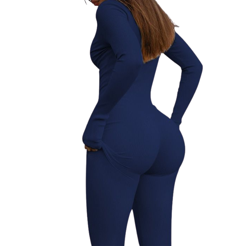 Open-collar zip-up long-sleeve jumpsuit