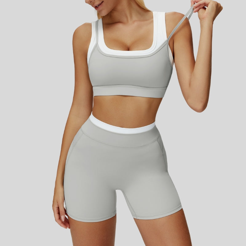 Contrast color sports bra + sports shorts 2-piece set
