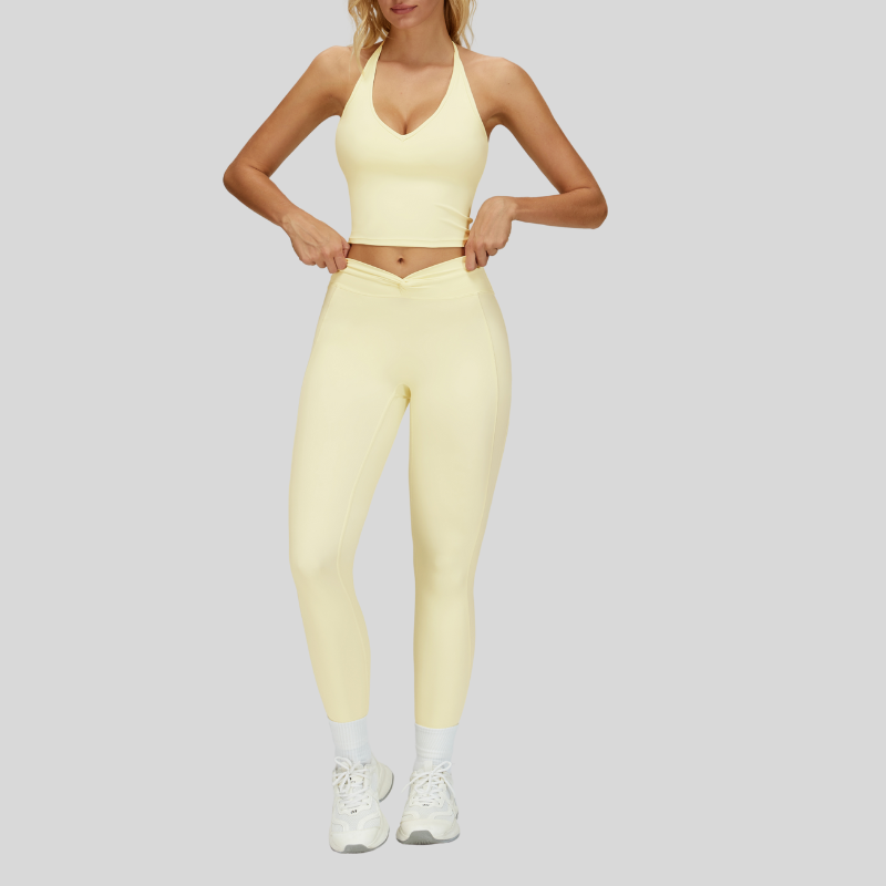 Removable Bra Pad Tank top+Pleated waistband sport leggings 2-piece set
