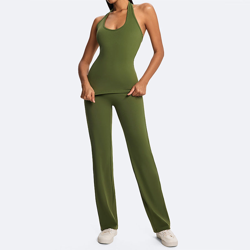 Classic halter-neck open-back tank top + loose-fitting pants 2-piece set