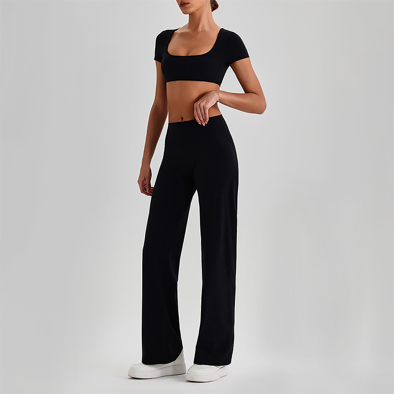 Wholesale Women's Short Sleeve Exposed Back Bra+Naked Feel Straight Leg Pants Yoga Set