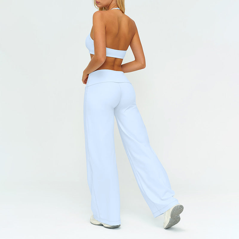 V-neck backless sports bra + high-waisted loose wide-leg pants 2-piece set