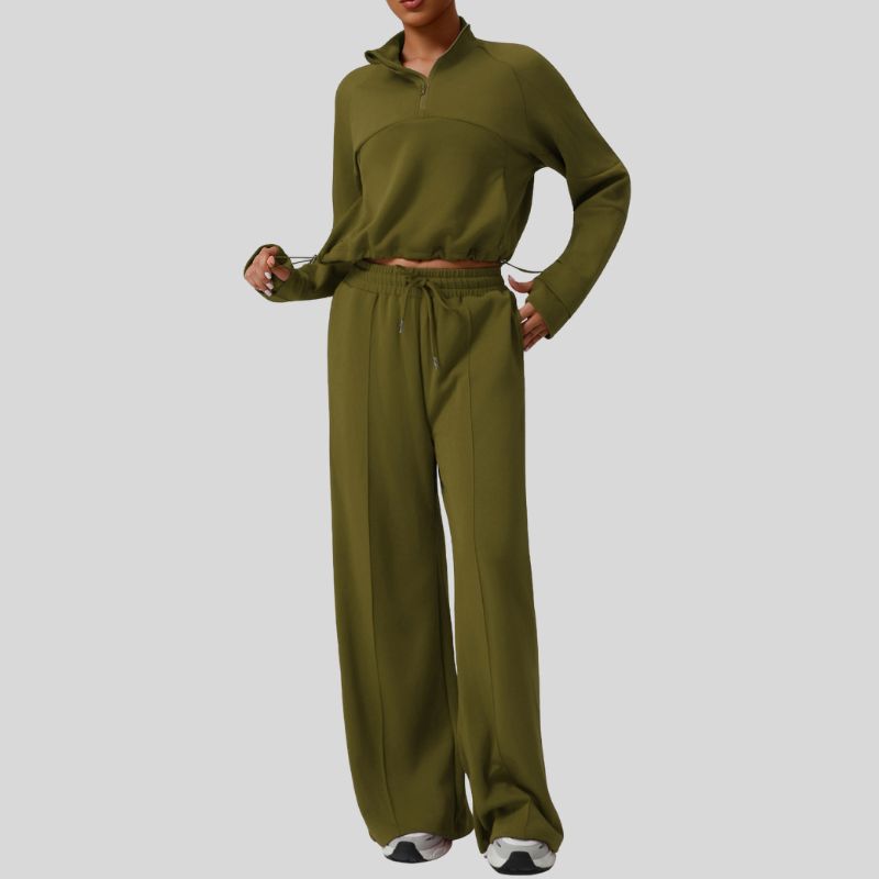 Thick half-zip sweatshirt + drawstring wide-leg pants 2-piece set