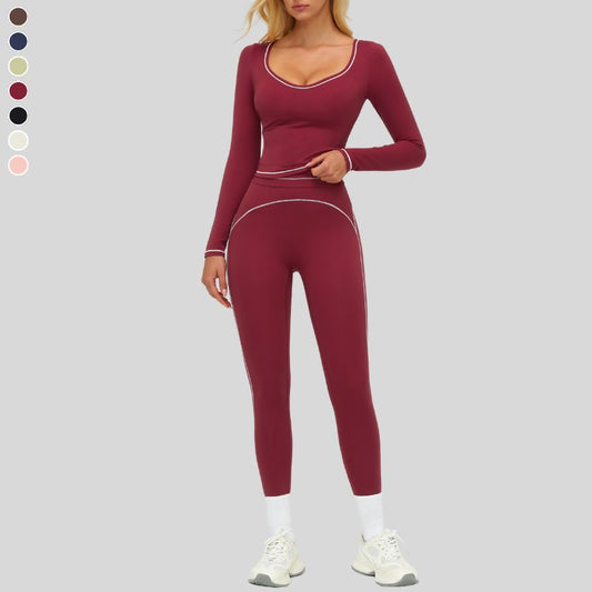 Color-blocked long-sleeved sports top+High waisted leggings 2-piece set
