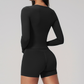 Wholesale Seam-Detail Long-Sleeve Crop Top & High-Waist Biker Shorts Set – Brushed Yoga 2-Piece