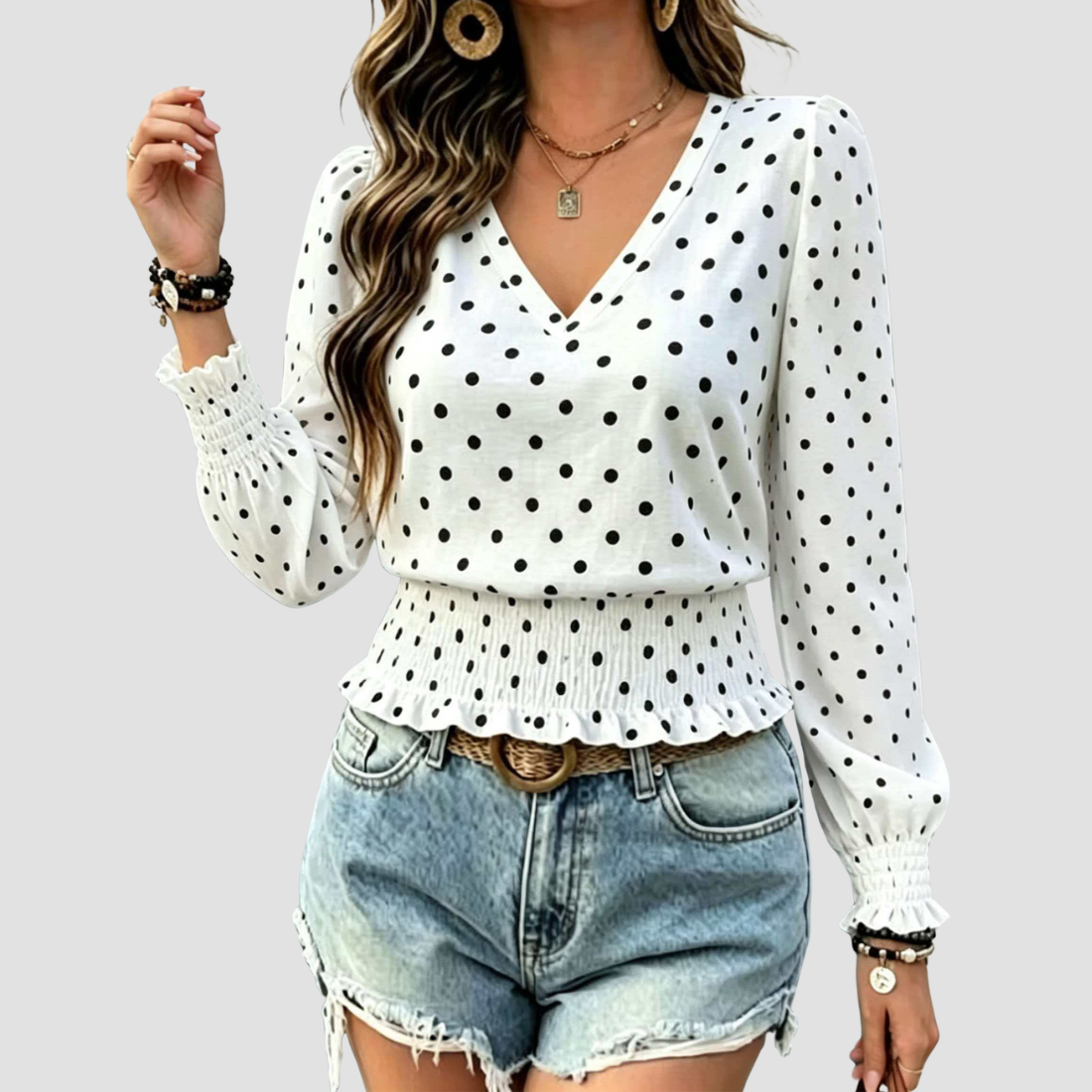Wholesale Women's Round neck printed polka dot long sleeve V-neck fashionable casual top