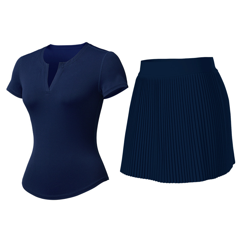 Wholesale Women's V-Neck Open-Back Short Sleeve Top & Pleated Skirt Set
