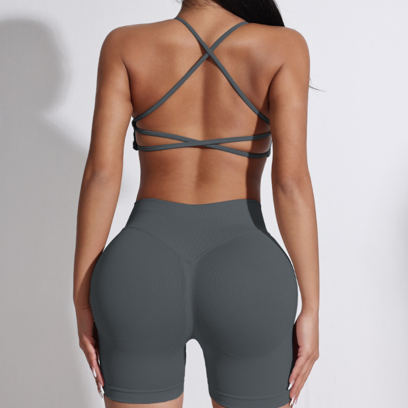 Women's beautiful back strap sports bra + yoga shorts two-piece set