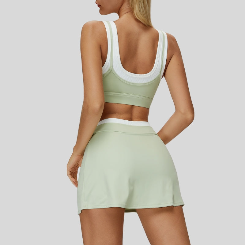 Contrast color sports bra + Anti-exposure short skirt