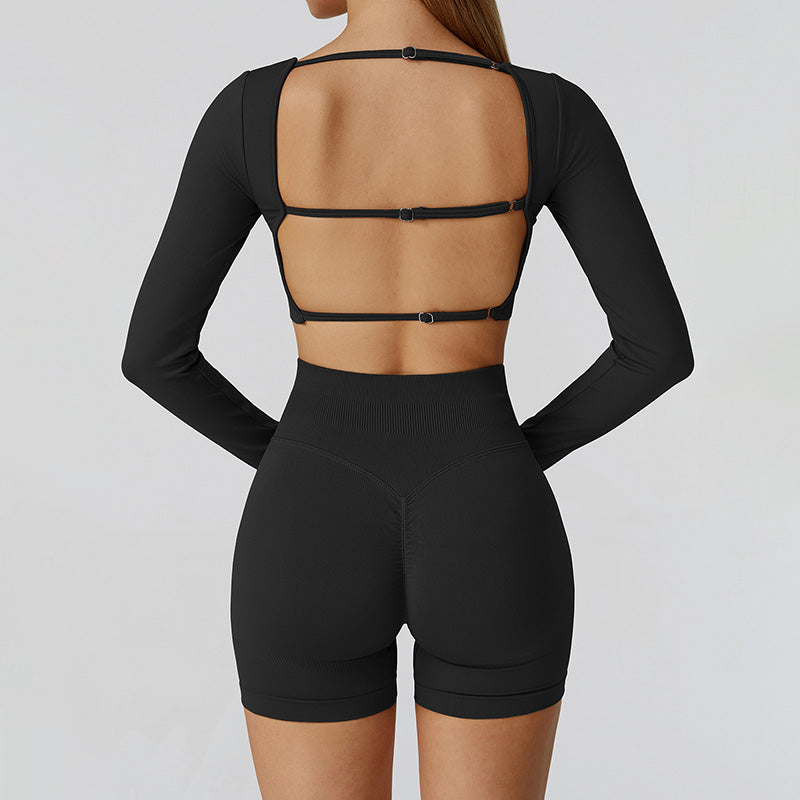 Seamless long sleeve Sports top + High-waisted shorts 2-Piece Set