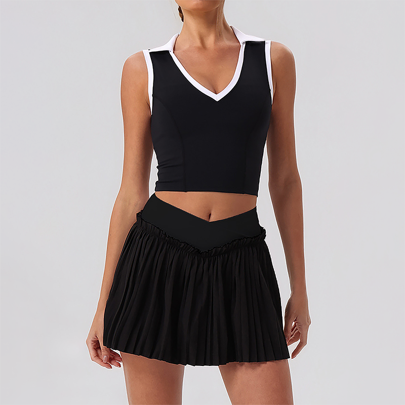 Wholesale Women's Halter Neck Sports Bra & Pleated Mini Skirt Set with Chest Pad
