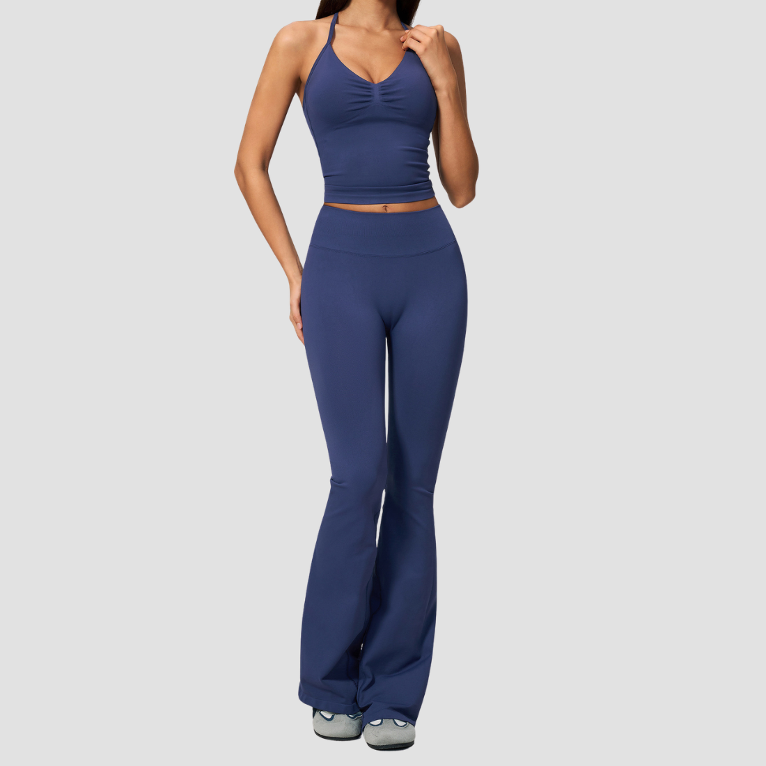 Wholesale Women's Seamless Yoga Set: Strappy Tank Top & Flare Pants – High-Stretch w/ Chest Pad