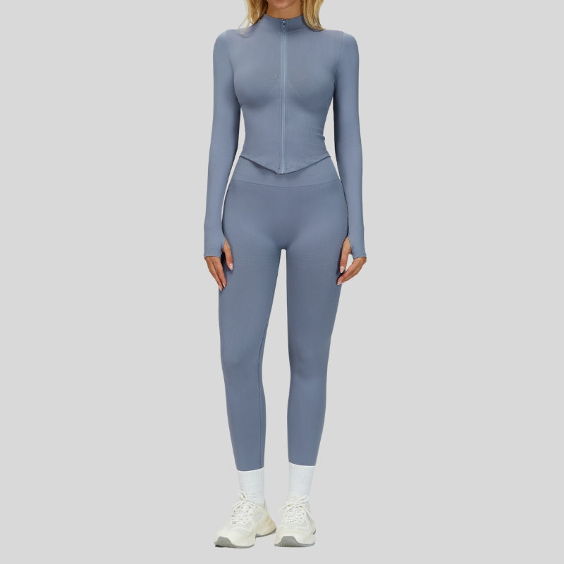 Seamless Long Sleeve Full Reißverpackungsjacke + Leggings 2-teiliger Set