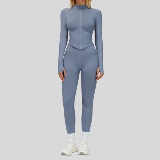 Seamless Long Sleeve Full Zipper Jacket + leggings 2-piece Set