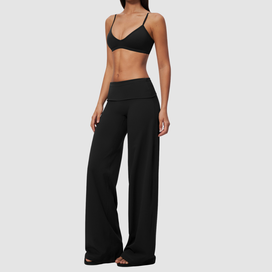 Wholesale Women's Brushed Yoga Set: Strappy Back Bra & Foldover Wide-Leg Pants