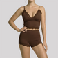 Wholesale Women's Lace V-Neck Cami Yoga Set – Built-in Bra High Waist Shorts Lounge Set
