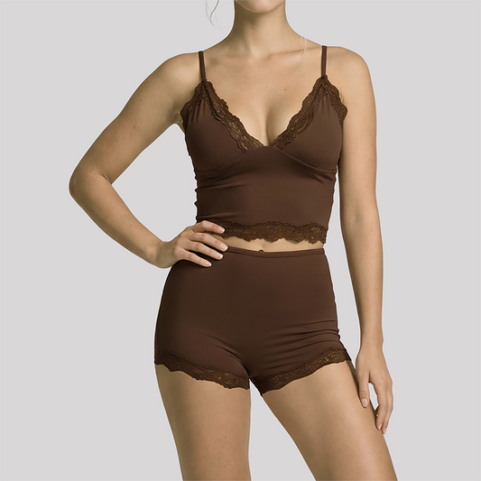 Wholesale Women's Lace V-Neck Cami Yoga Set – Built-in Bra High Waist Shorts Lounge Set
