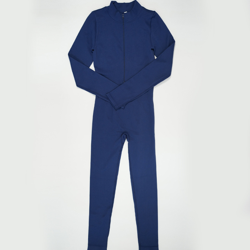 Women's ribbed long-sleeve zip-up casual athletic jumpsuit