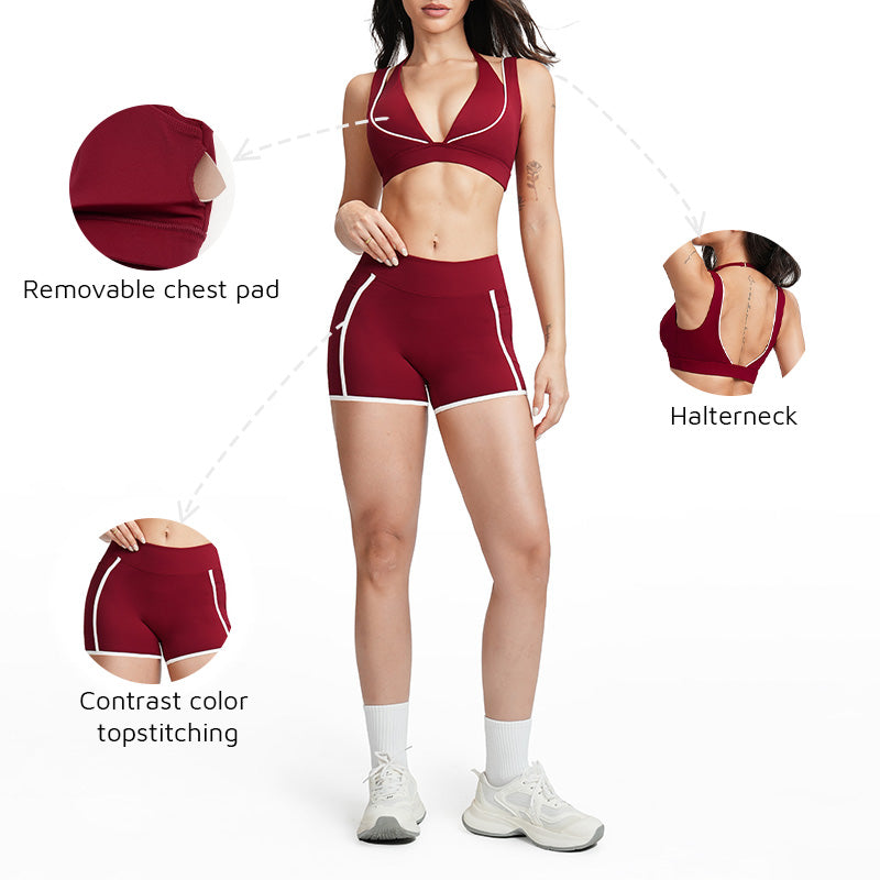 Contrasting color open-back bra + high-waisted contrasting shorts 2-piece set