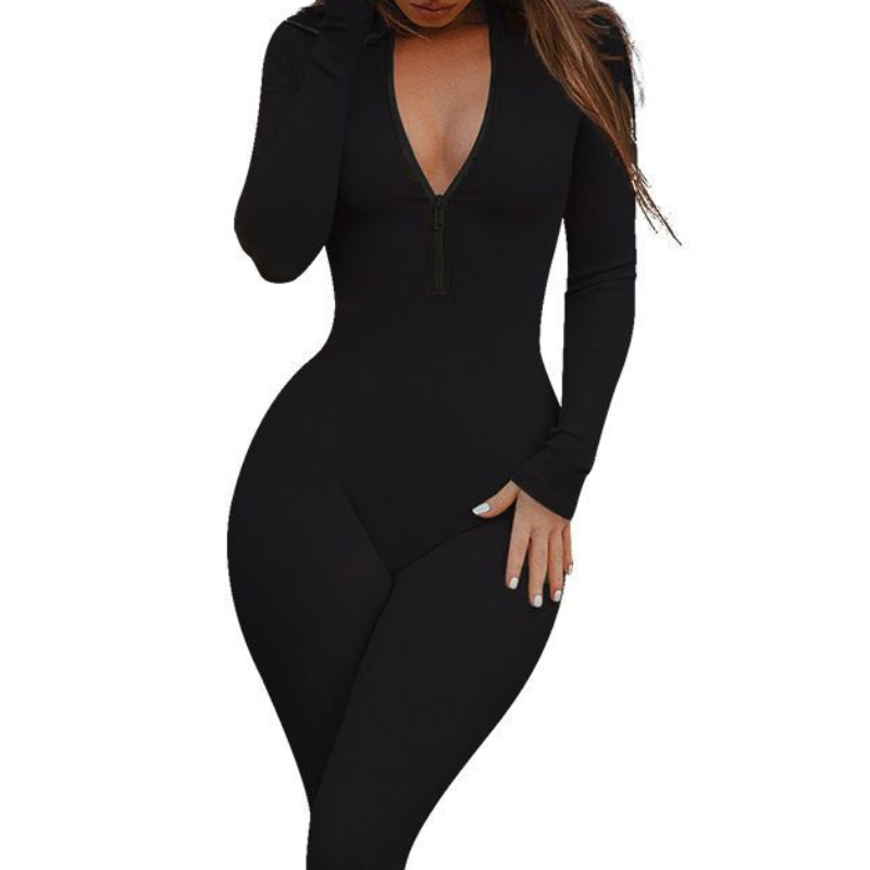Open-collar zip-up long-sleeve jumpsuit