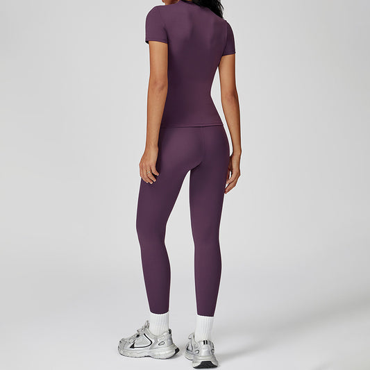 Top deportivo de manga corto cepillado + Leggings de cintura alta de 2 piezas