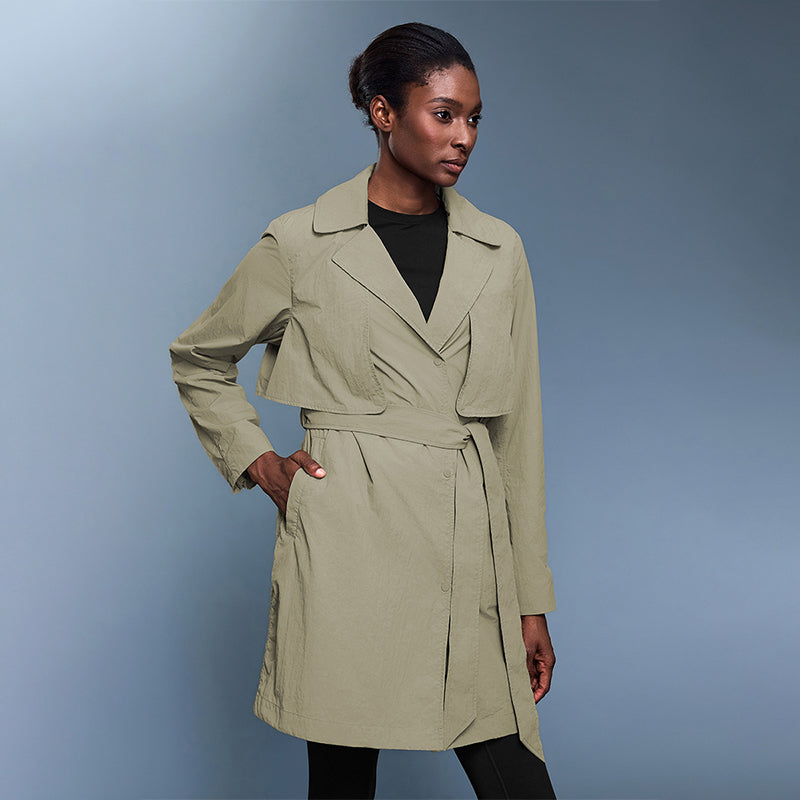 Belted mid-length trench coat for women