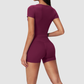 Wholesale Seam-Detail Cropped Short-Sleeve Top & High-Waist Biker Shorts Set – Brushed Yoga 2-Piece