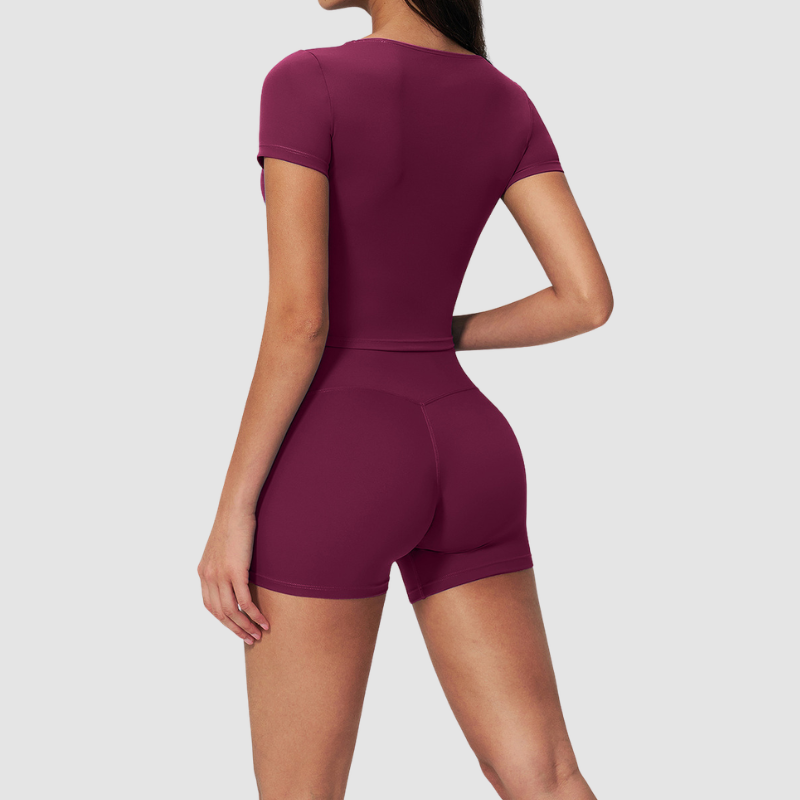 Wholesale Seam-Detail Cropped Short-Sleeve Top & High-Waist Biker Shorts Set – Brushed Yoga 2-Piece