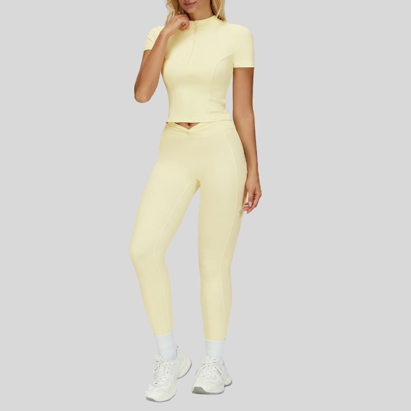 Slim-fit stand-up collar short-sleeved top+Pleated waistband sport leggings 2-piece set