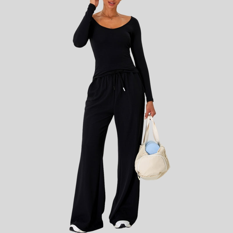 V-Neck Sport Set with Wide-Leg Pants